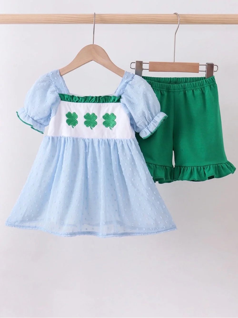 Girls Light Blue Dress & Green Ruffle Shorts Matching Set
